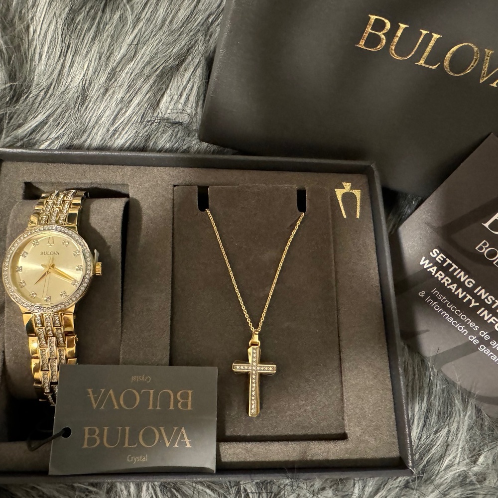 BULOVA -Elegant Yellow Gold and Diamond Chain & Watch Gift Set for Her